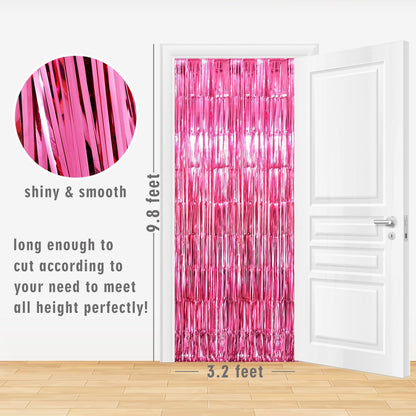 GOER 3.2 ft x 8.2 ft Metallic Tinsel Foil Fringe Curtains Party Photo Backdrop Party Streamers for Galentines Day,Birthday,Graduation,New Year Eve Decorations Wedding Decor (4 Packs,Hot Pink)