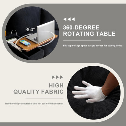 120.3" Modern L-Shaped Sectional Sofa with 360°Swivel Drop-Down Table, Storage Armrest, USB Ports & Movable Storage Ottoman – Plush Linen Cloud Couch for Lounge (Black)