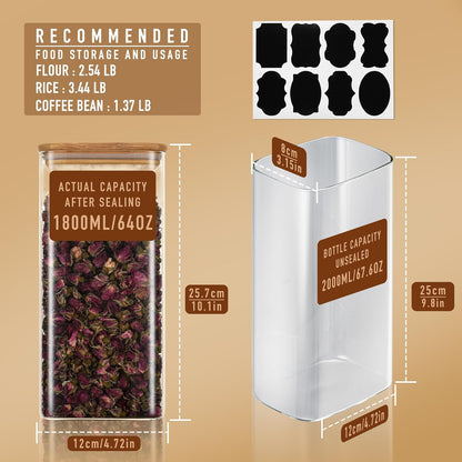 64oz Rectangle Airtight Glass Storage Containers with Bamboo Lids (Set of 3), Square Food Storage Jar, Pantry Organizers for Cereal, Flour, Pasta and Coffee beans (‎with Black Lable)