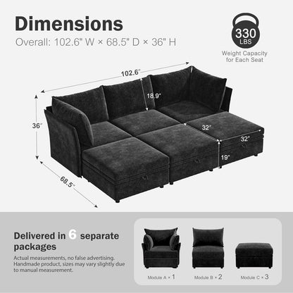 102.6" Luxury Modular Sleeper Sofa Bed 6 Seat Reversible Sectional Couch Deep Seat with Storage Chaises Removable Cover for Living Room, Apartment - Chenille Black