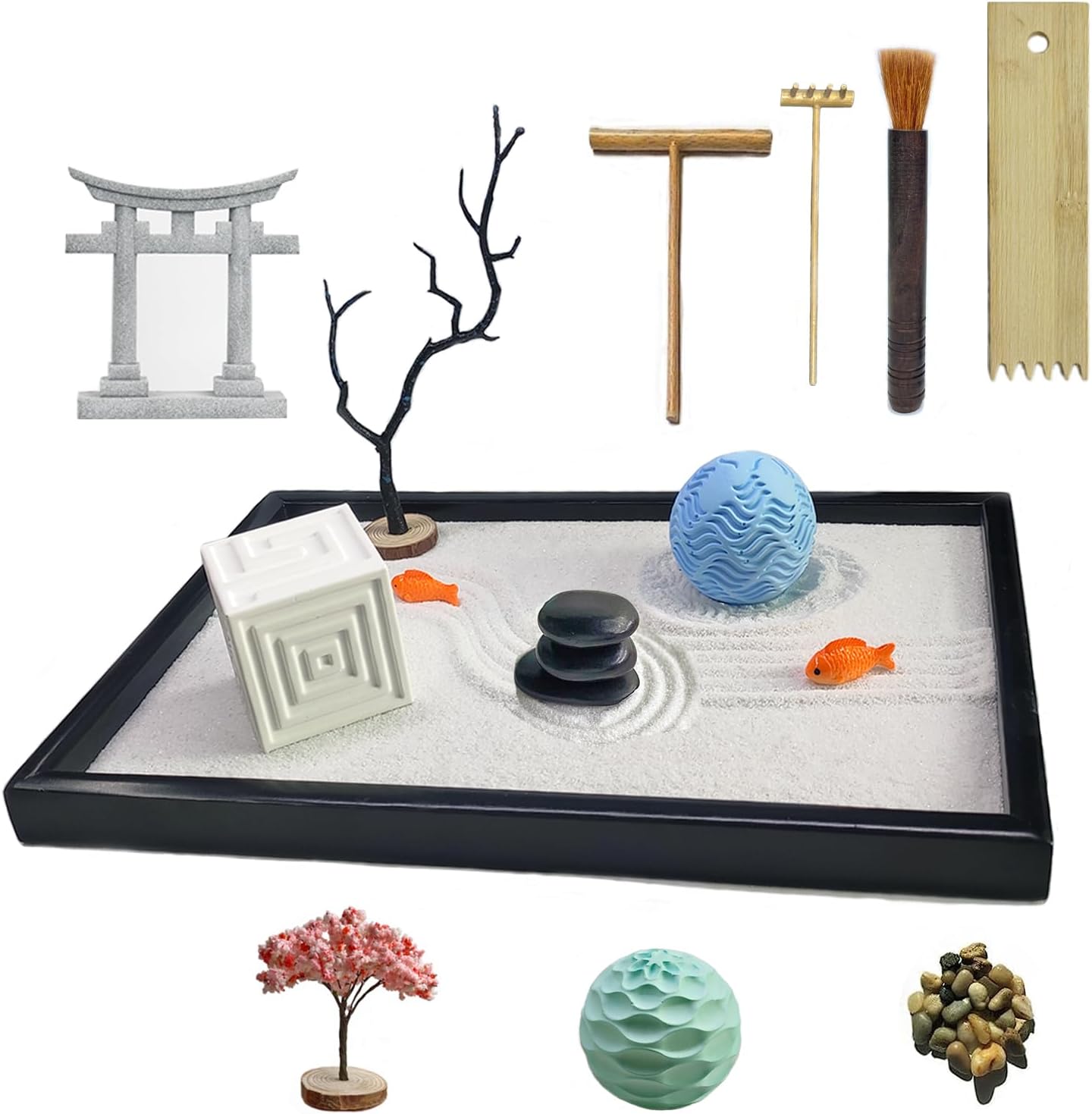 Japanese Zen Garden Kit for Desk with 3 Sand Spheres, Zen Decor with Wooden Tray and Natural Rake Torii Gate Ornament for Home & Office, Desktop Sandbox for Relaxation and Meditation
