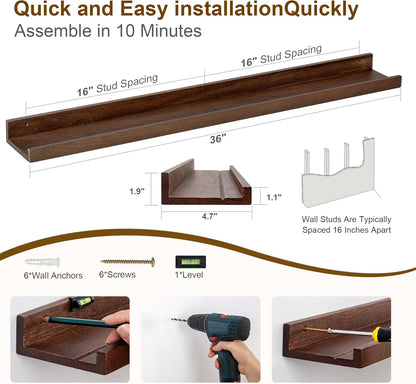 Floating Picture Ledge Shelves 36 Inch Solid Oak Wood Set of 2, Rustic Wall Storage Shelves with Lip, Kids Bookshelf, Photo & Picture Ledge Shelves for Bedroom, Living Room, Kitchen