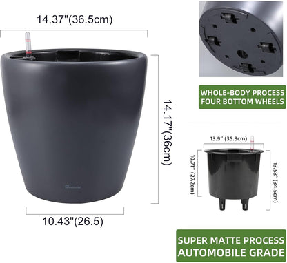 Dexceder 15x14 Self Watering Planter with Wheels Indoor Outdoor, Inner Pot Design, Thickened Large Floor Standing Flower Plant Pot with Water Level Indicator (Slate Gray Matte)