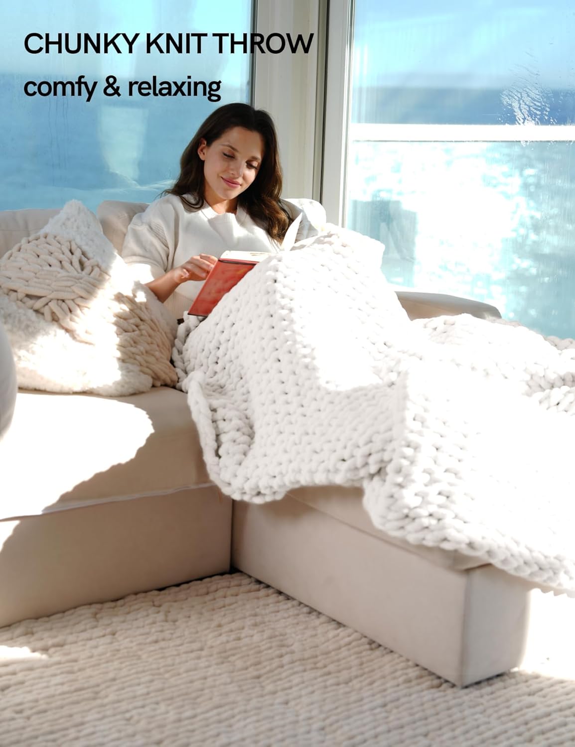 YnM Chunky Throw Blanket, Medium-Weight, Hand Knitted with Chenielle Yarn, Skin Friendly, Ventilated and Breathable, Machine Washable, Home Décor Piece for Couch, Sofa and Bed (White, 40x50 Inch)