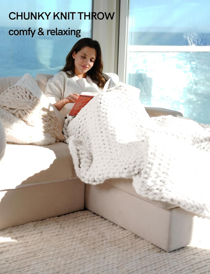 YnM Chunky Throw Blanket, Medium-Weight, Hand Knitted with Chenielle Yarn, Skin Friendly, Ventilated and Breathable, Machine Washable, Home Décor Piece for Couch, Sofa and Bed (White, 60x80 Inch)