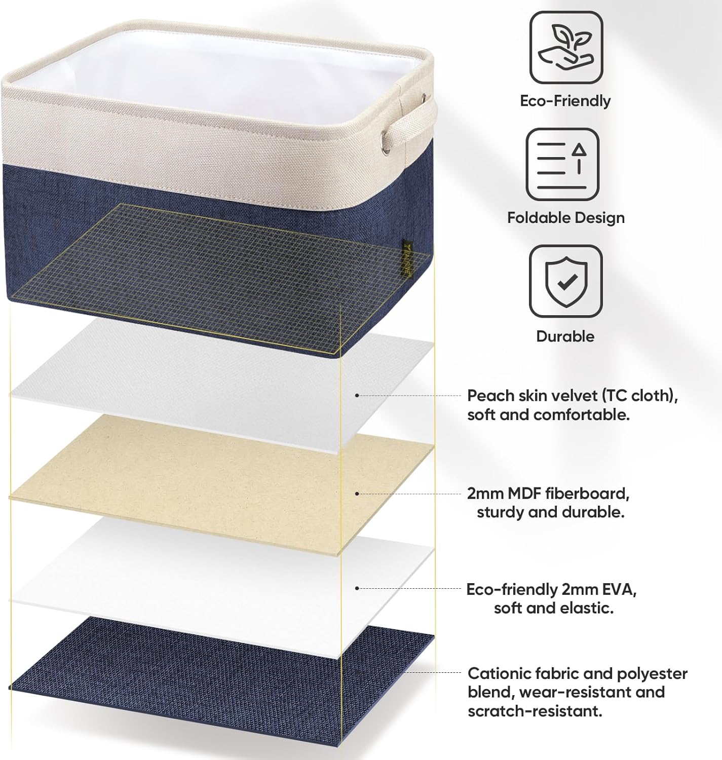 BALEINE 1 Pack Fabric Storage Bins for Shelves, Linen Storage Baskets for Organizing, Decorative Closet Bins for Clothes, Home (Navy Blue, 12"x8"x8")