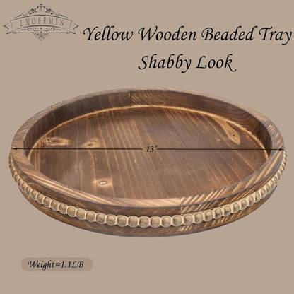 Round Burnt Wood Serving Tray with Beads, Wooden Decorative Tray for Entertaining, Decoration, and Gifting,