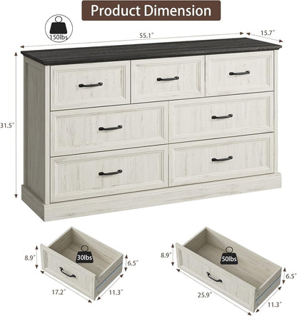 Farmhouse 7 Drawer Dresser for Bedroom, 55 Inch Wide Modern White Dresser TV Stand with Large Drawers & Bar Handles, Rustic Wood Chest of Drawers for Bedroom, Living Room, Hallway, Entryway.