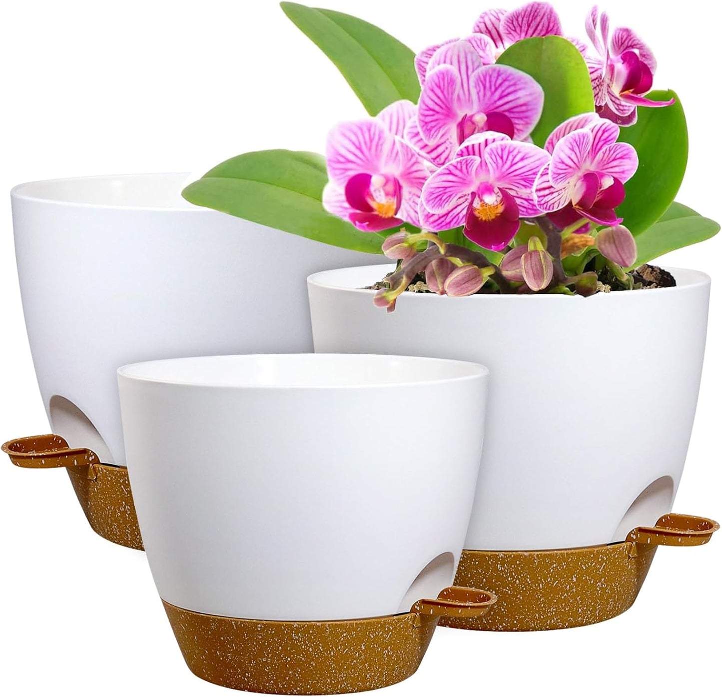 12/10/9 inch Large Self Watering Pots, Plant Pots with Mesh Drainage Holes for Indoor Outdoor Garden Plants, Flower Pots with Deep Reservoir, 3 Pack Plastic Planters, White with Brown