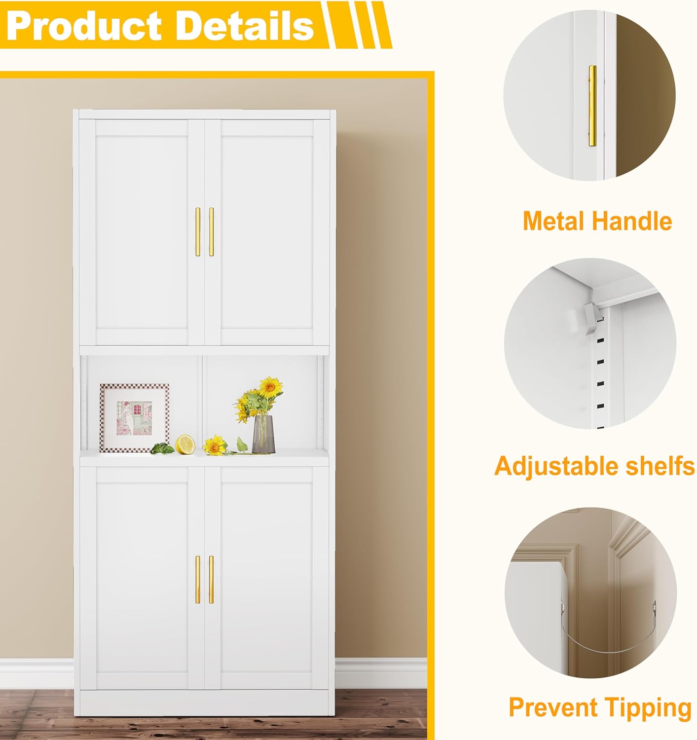 Tall Pantry Cabinet 67" H Metal Cabinet with 4 Doors, Bathroom Cabinets, 3 Adjustable Shelves for Kitchen, Home Office, Living Room, Dinning Room
