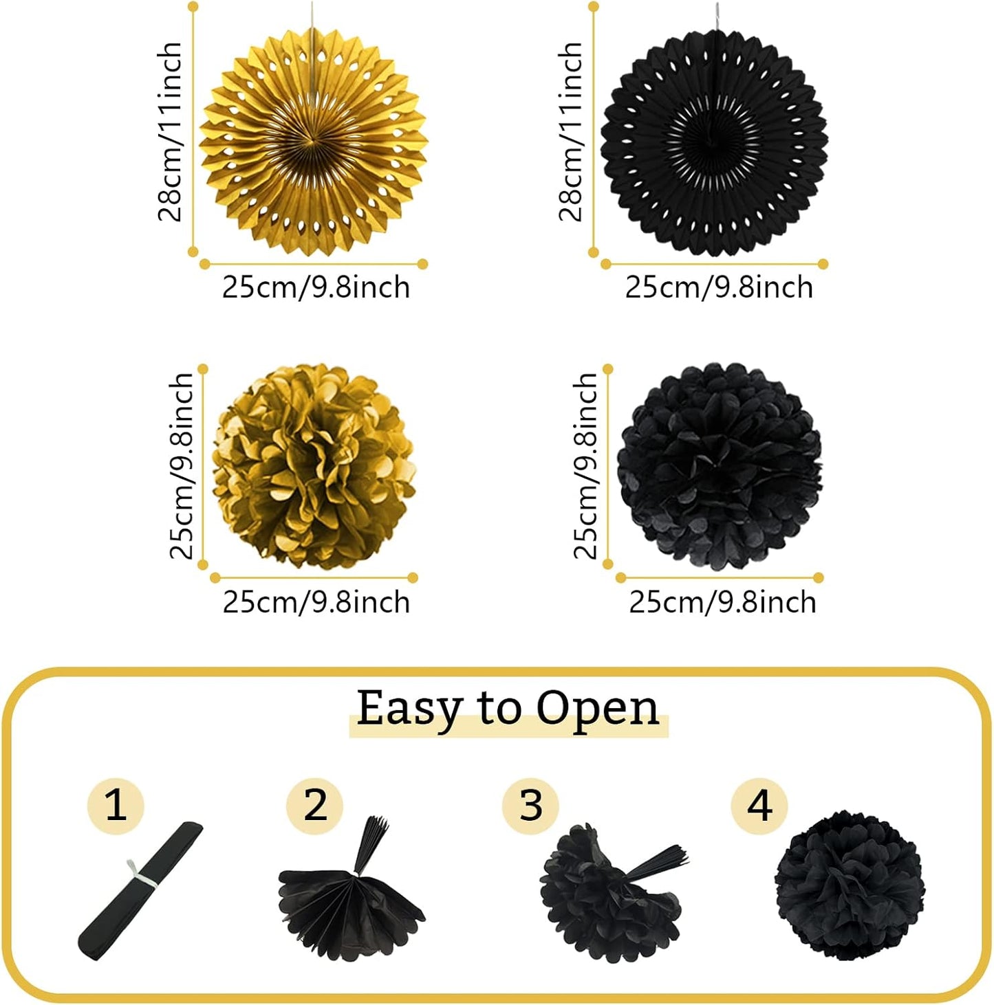 Black and Gold Decorations, Paper Pompoms Fan for Graduation Birthday Wedding Prom Night New Years Black and Gold Party Decorations