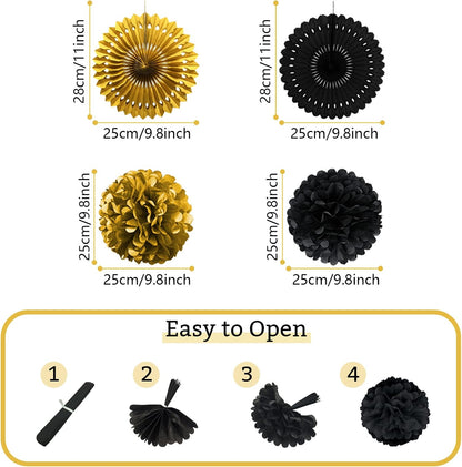 Black and Gold Decorations, Paper Pompoms Fan for Graduation Birthday Wedding Prom Night New Years Black and Gold Party Decorations