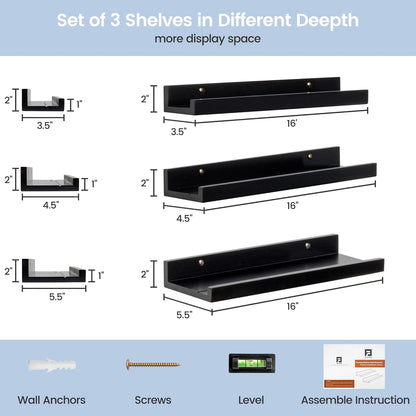 Picture Ledge Wall Shelves - 16 Inch Width Set of 3, Solid Pine Wood Rustic Floating Ledge Shelves for Kids' Room, Bedroom, Kitchen, Bathroom, Living Room, Nursery Display Decor, Black