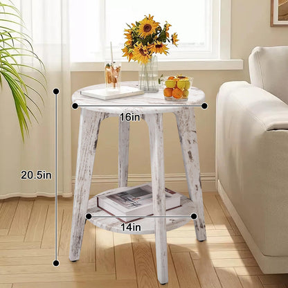 Farmhouse Round Side Table Rustic White Wooden End Table with Lower Shelf Vintage Nightstand Beside Table for Living Room Bedroom Small Spaces
