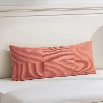 Fancy Homi Set of 2 Coral Boho Long Lumbar Body Decorative Throw Pillow Cover 14x36 Inch for Bed Couch Bedroom Bench, Soft Patchwork Corduroy Textured Pillow Case, Rustic Farmhouse Room Décor