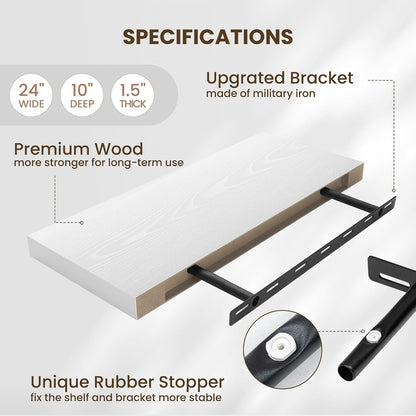 Fun Memories 24 Inch Floating Shelves Wall Mounted, 10 Inch Deep Wall Shelves, 24 x 10 Floating Shelf for Living Room Bathroom Bedroom, White, Set of 2