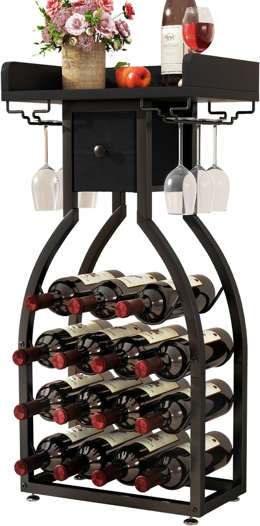 IBUYKE Wine Rack Freestanding Floor,Wine Storage 15 Bottles Bottle Rack with Glass Holders, Mini Bar Wine Cabinet with Storage Drawer for Home Bar Kitchen Dining Room,Black,UTMJ908B