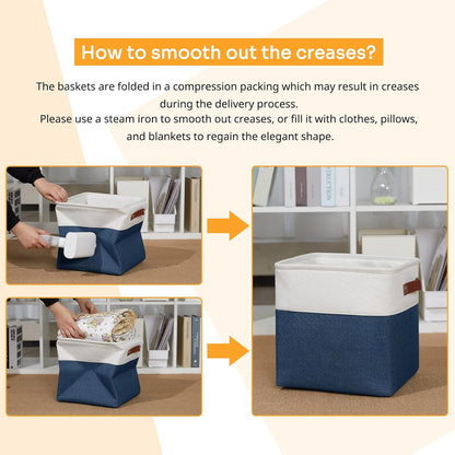DULLEMELO [Set of 4 Storage Cubes Baskets for Organizing, 11 x 11 x 11 inch Cube Storage Organizer Bins with Leather Handles, Foldable Fabric Cloth Bins for Cube Storage(4 Pack - 11" White&Blue)