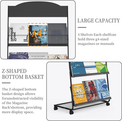 Floor-Standing Magazine Rack 4-Layer with Wheels, Semi-arched top Brochure Display Stand, High-hardness metal for Exhibitions, Office, and Any Organization Requiring Information Display (Arc-Black)