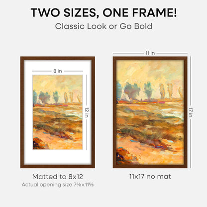 Homeforia 11x17 Brown Picture Frame, High End Dark Oak 11x17 Poster Wood Frame with Mat 8x12 Print, 11 x 17 Wooden Walnut Frame Matted to 8 x 12 Photo, 17x11 Frames, Tempered Glass, Wall Kit, Set of 1