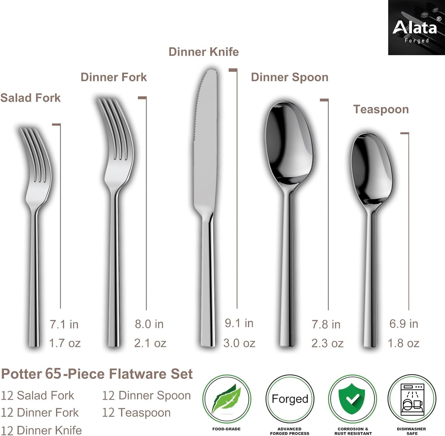 Alata Potter 65-Piece Forged Silverware Set, Service for 12 ??Premium Stainless Steel Flatware Set, Modern Design with Satin Finish, Ideal for Home, Kitchen, Party, Camping