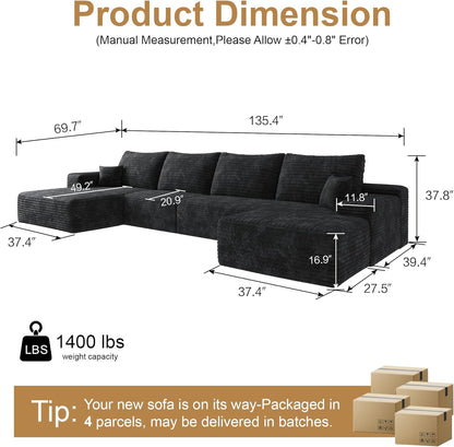 136" Sectional Couches for Living Room Modern Modular Sofa with L-Shape Couchs Upholstered Boneless Couch Deep Seat Sectional Couch with Chaise (Black, Left Facing Chaise+3Seaters+Ottoman)