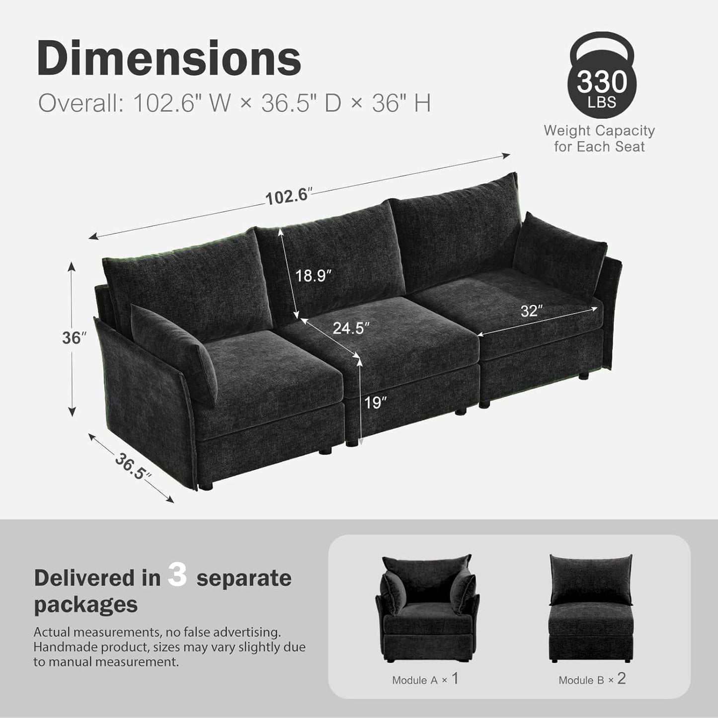 102.6" Modular Sectional Sofa, Oversized 3-Seater Couch with Removable Black Chenille Fabric Cover, Deep Seat & High Backrest for Living Room, Office & Apartment