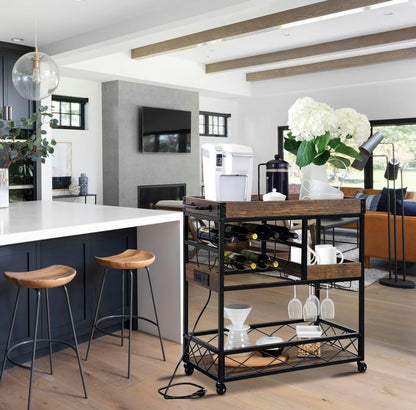 Bar Cart with Power Outlet, Industrial Kitchen Serving Cart with Wine Rack & Glass Holder, Coffee Bar Table Station with Storage, Rolling Cart on Wheels with 59IN Cord, Brown