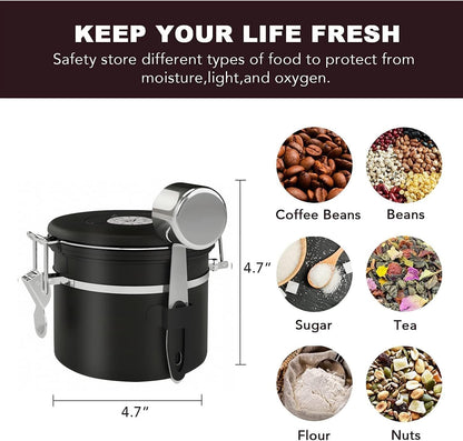 ShanSon Coffee Canister Airtight Coffee Container Stainless Steel Coffee Bean Storage Container with Scoop Coffee Canister for Beans Grounds Sugar Flour Tea Cereal,11OZ, Black