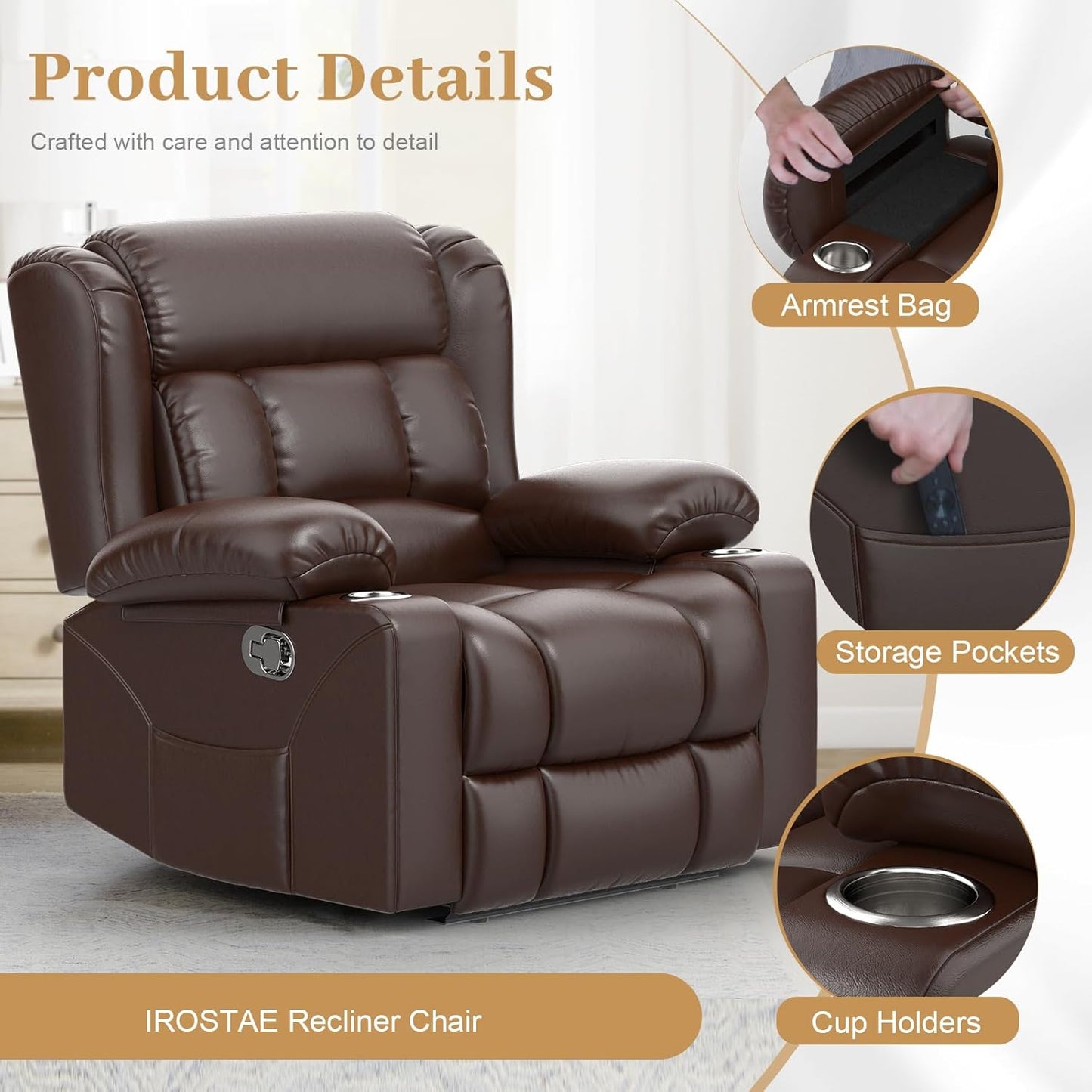 Recliner Chair for Adults, Oversized PU Leather Manual Pull Tab Reclining Chair with Cup Holders, Minimalist Style Single Sofa for Living Room, RV (Brown)