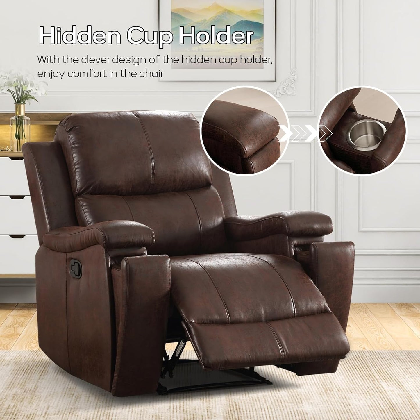 Brown Recliner Chair, Single Overstuffed Sofa Recliners, Breathable Faux Leather Manual Reclining Chairs with Hidden Cup Holder, Arm and Back for Adults, Living Room, Bedroom, Dark Brown
