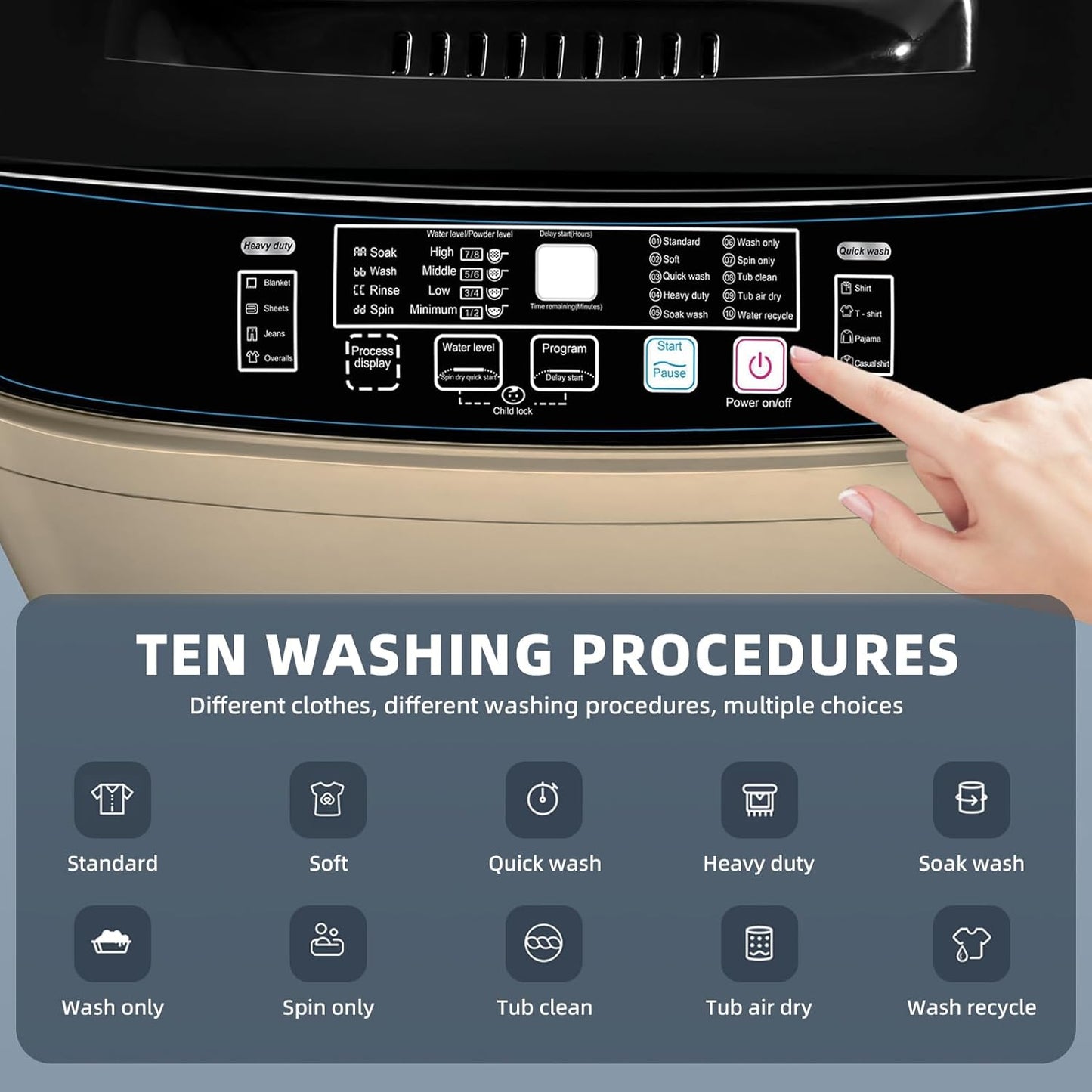 Portable Washing Machine 2.3 Cu. Ft. Full-Automatic Compact Washer Machine for Apartment, 10 Wash Program Small Portable Washer for Dorm, Apartment, RV, Home, Golden