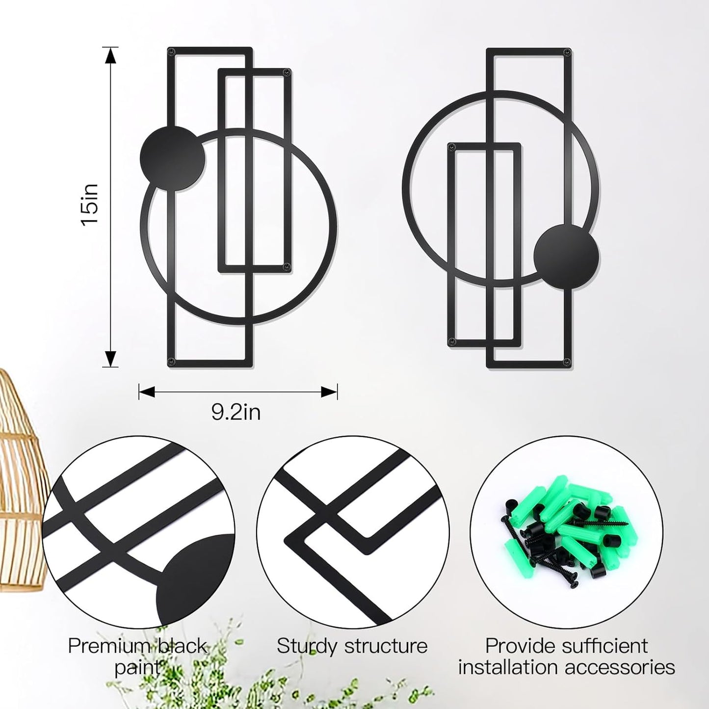 OYEFLY 2 Pcs Metal Abstract Wall Art,Modern Geometric Decor (Black, style 1)