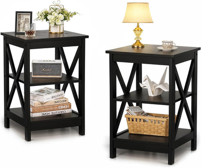 ALPHA HOME Side Tables Farmhouse End Table Set of 2, Small Bedside Tables 3-Tier Storage Shelf for Small Spaces, Couch End Tables, End Table for Living Room, Bed Room, Black