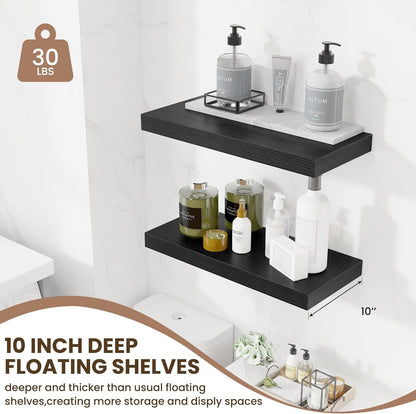 Fun Memories 24 Inch Floating Shelves Wall Mounted, 10 Inch Deep Wall Shelves, 24 x 10 Floating Shelf for Living Room Bathroom Bedroom, Black, Set of 2