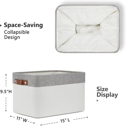 DULLEMELO Storage Baskets for Organizing, Shelves,Bedroom, Decorative Storage Bins with Leather Handles, Fabric Storage Basket for Office, Toys(3-Pack Medium-15 inch X 11 inch X 9.5 inch , Grey&White)