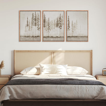 HPINUB Misty Forest Framed Canvas Wall Art Set, Foggy Pine Tree Wall Decor, Pastel Nature Landscape Wall Painting, Evergreen Coniferous Plant Art Print for Living Room, Bedroom, Office-24 x36 x3