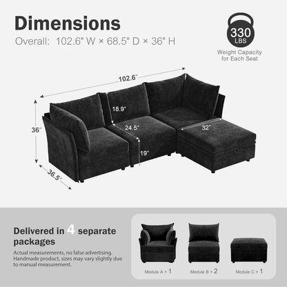 102.6" Modular Sectional Sofa, L Shaped Couch Set for Living Room, 3-Seater Comfy Cloud Couches with Movable Storage Ottoman,DIY Combination - Chenille Black