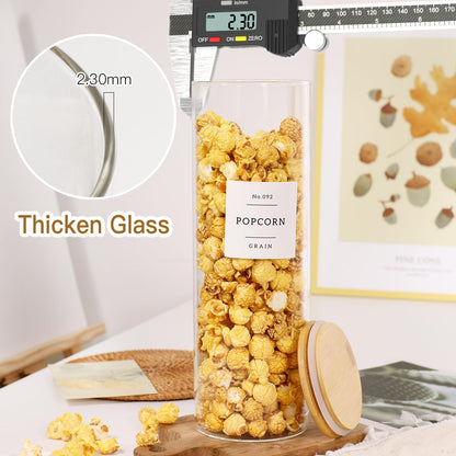 3 Pack Glass Jar with Airtight Bamboo Lid and White 132 Kichen Pantry Labels Preprinted - 70 Oz Clear Tall Glass Food Storage Containers set For Noodles Pasta Spaghetti