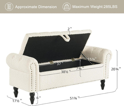 Furniliving Modern Storage Ottoman Bench, Sherpa Ottoman End of Bed Bench with Solid Wood Legs Upholstered Ottoman Benches with Storage Indoor Bench for Living Room with Rolled Arm, Entryway, White