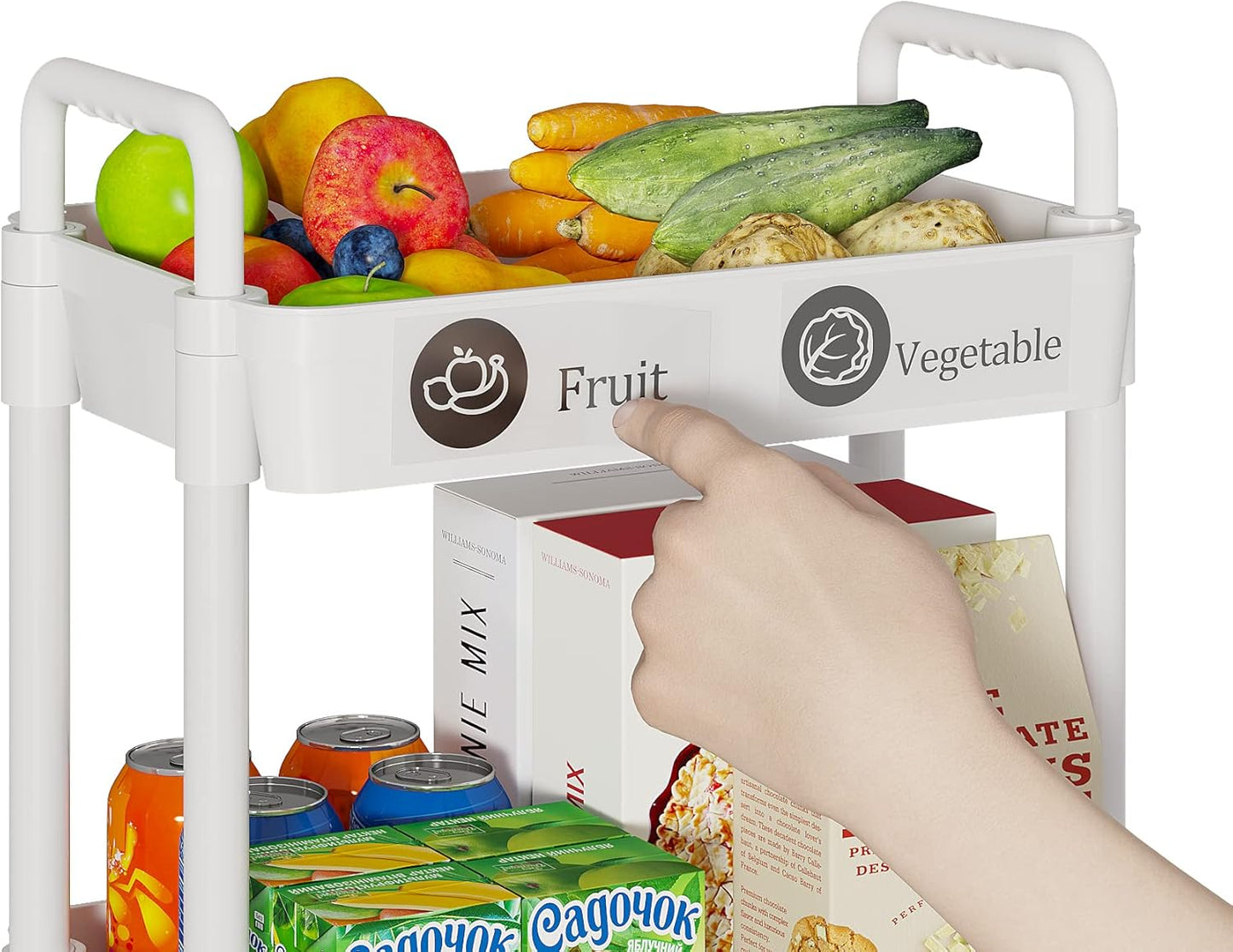 Laiensia 3-Tier Rolling Cart with Wheels,Multifunction Utility Storage carts, Kitchen Storage Organizer,Mobile Shelving Unit for Bathroom,Laundry,with Classified Stickers,White