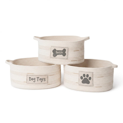 RGI Home Dog Toy Storage Baskets – Set of 3 Oval Fabric Rope Organizer Bins for Pet and Household