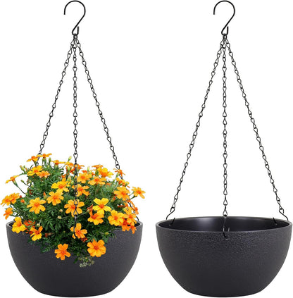 10 inch Hanging Planters for Indoor Outdoor Plants, 2 Pack Hanging Flower Pots with Drainage Holes and Chain for Garden Porch Plants, Round Plastic Hanging Baskets for House Plants, Black
