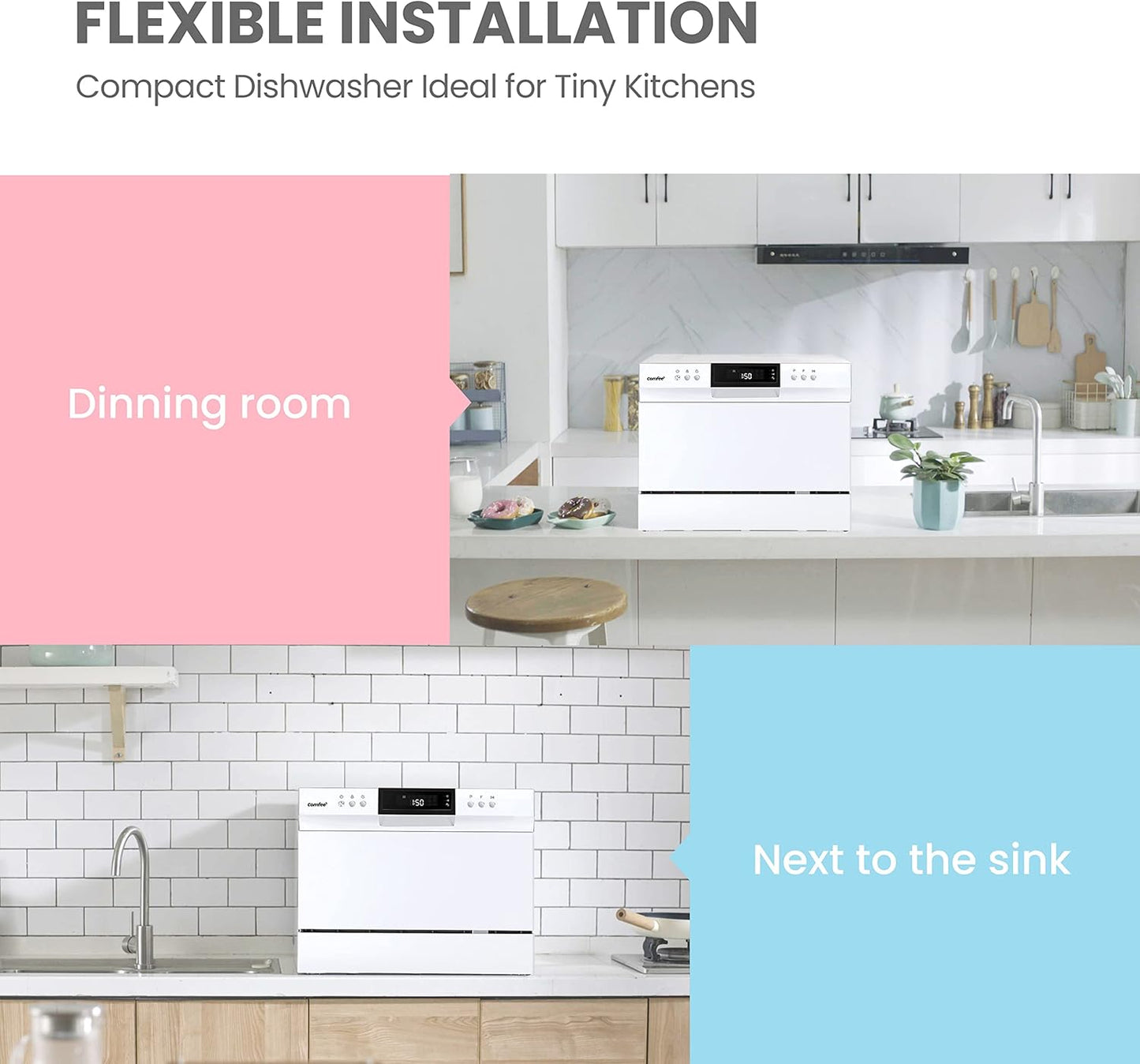 COMFEE??Portable Mini Dishwasher, Energy Star, Countertop, 6 Place Settings, with 8 Washing Programs, Speed, Baby-Care, ECO& Glass, Dish Washer for Dorm, RV& Apartment, White