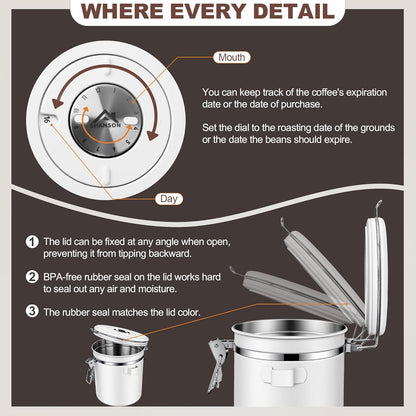 ShanSon Coffee Canister Airtight Coffee Container Stainless Steel Coffee Bean Storage Container with Scoop Coffee Canister for Beans Grounds Sugar Flour Tea Cereal,16OZ, White