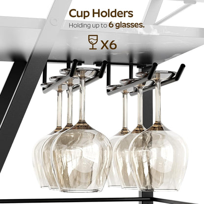 Bar Cart, Bar Cart for The Home, Small Bar Cart on Wheels, Beverage Cart, Home Bar Serving Cart with Glass Holder, Drink Cart for Bar, Kitchen, Dining, Marble Black and Black BC03BM