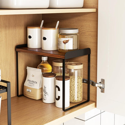 Mitus Shelf Organizer and Storage, Tiered Wood Cabinet Rack for The Kitchen Counter, Bathroom Counter, Pantry Cupboard, Office Desk Bookshelf, 16" Wide Walnut Brown and Black