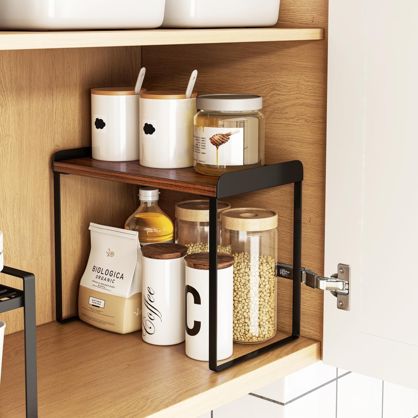 Mitus Shelf Organizer and Storage, Tiered Wood Cabinet Rack for The Kitchen Counter, Bathroom Counter, Pantry Cupboard, Office Desk Bookshelf, 16" Wide Walnut Brown and Black (Large)