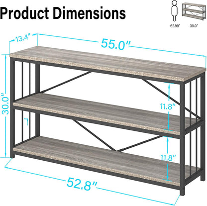 LVB Farmhouse Industrial Console Table, Wood Metal Foyer Entryway Sofa Tables with Storage, 3 Tier Long Rustic Entry Table TV Stand with Shelves for Home Living Room Hallway, Light Grey Oak, 55 Inch