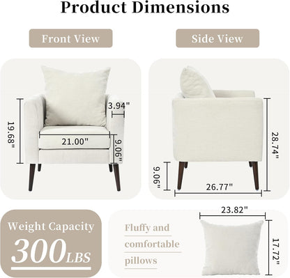 Barrel Accent Chair Set of 2 with Back Pillow, Large Upholstered Armchair with Solid Wood Legs Modern Reading Chairs for Living Room Bedroom